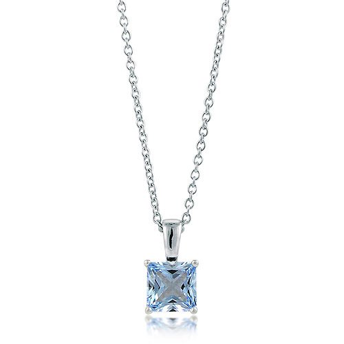 Sterling Silver Aquamarine Princess CZ Solitaire Pendant Necklace - 6mm