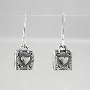 Little Square Dangle Heart Earrings in Sterling Silver with Stars and Moons, #9227