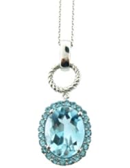 O&G Australia Natural Blue Topaz, Rhodium Plated 925 Sterling Silver Pendant with Adjustable Cable Chain