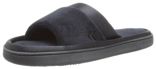 Isotoner Women's Microterry Slide Slipper with Satin Trim, Black, 9.5/10