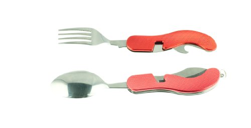 Huntington lot de couverts de camping 4-pièces (couteau, fourchette, cuillère, ouvre bouteille) en métal, rouge