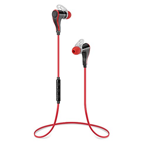 2015 Newest Bluetooth 4.0 Wireless Stereo Earbuds with Noise Cancellation Sports Earphones Headphones, Say Yes or No to pick or reject call, Support 5 Languages Voice Prompt Headsets with Voice Control Function.(Red)