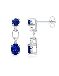 1.76 ct Round Diamond and Oval Sapphire Earrings 6X4 mm in Yellow Gold