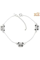 niceEshop(TM) 2 PCS x Fancy Silver Tone Black and Clear Rhinestone Paved Triple Panda Bear Bracelet Anklet Elegant Crystal Animal Fashion Jewelry-Silver&Black