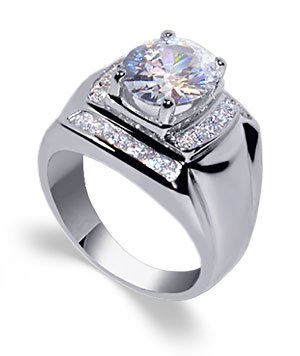 Mens Rodium Polished Sterling Silver Band Cubic Zirconia Ring