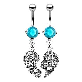 "Best Friend" Heart Charm Pendent CZ Belly Button Ring (Pair)