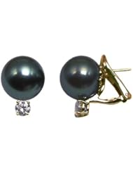 18K yellow gold 12mm Black Tahitian cultured pearl and diamond .80 t.d.w. earring