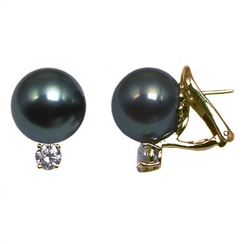 18K yellow gold 15mm Black Tahitian cultured pearl and diamond 1.5 t.d.w. earring