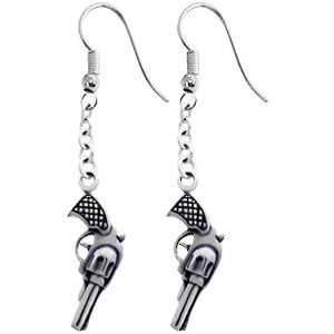 Revolver Handgun Silver Tone Pewter Earrings