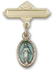 Gold Filled Baby Badge with Blue Miraculous Charm and Polished Badge Pin