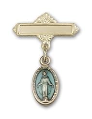 Gold Filled Baby Badge with Blue Miraculous Charm and Polished Badge Pin
