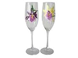 ArtisanStreet's Orchid Toasting Flutes. Set of 2 Champagne Glasses Feature Violet & Yellow Orchids. Hand Painted, One of a Kind, Signed by Artisan