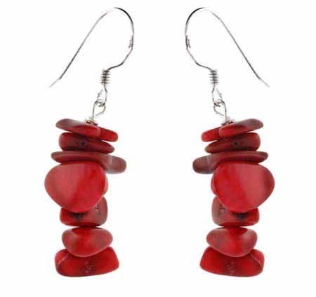 Sterling Silver Red Genuine Sea Bamboo Coral Chip Earrings