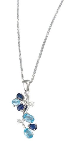 14K White Gold Hand-Crafted Designer Curve-Shaped Pendant, Enhanced with Precious and Semi Precious Stones, Sliding on a 16'' Cable-Chain Necklace.(GH-Color, SI-Clarity, c.t.t.w. 0.07CT).