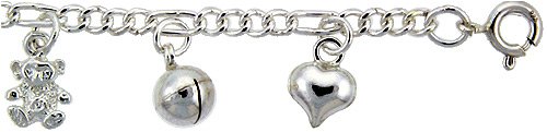 Sterling Silver Charm Bracelet with Dangling Teddy Bears, Hearts and Chime Balls