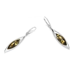 Sterling silver and marquise-shaped, green amber earrings