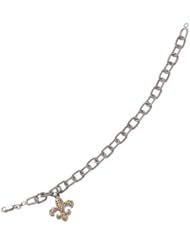14 Karat Yellow Gold and Silver With Oxidized Rhodium Finish 7.5" Textured Oval Link Chain Bracelet With Lobster Lock Fleur De Lis Pendant
