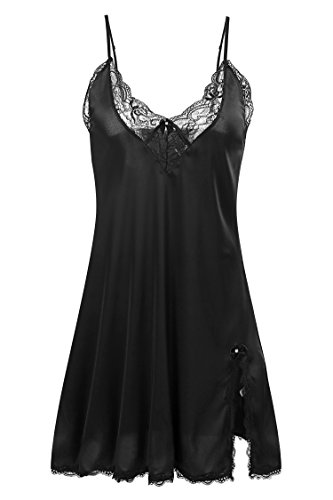 Ekouaer Sexy Lingerie Women s Satin Lace Chemise Slip Nightgown,Black,Small