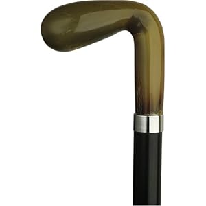 Walking Cane-Golf shape. This walking stick cane has an imported genuine horn handle. this walking aid has a black ebony tapered shaft. This horn handle cane has a weight capacity of 250 pounds and 36 inches