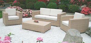 NOBLESSE Roma, Gartenmöbel Rattan 1 Sitzbank, 2 Sessel, 1 Tisch. sand