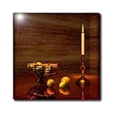 A 3d Still life of a bowl of citrus fruit and softly glowing candle in a rustic cabin - 8 Inch Glass Tile