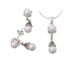 Sterling Silver Faux Pearl and Marcasite Necklace and Earring Set