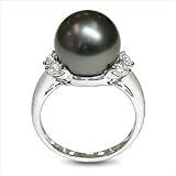 Size 9 18K white gold cleopatra Black Tahitian south sea cultured pearl and diamond ring