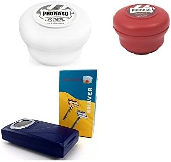 Pro'raso Shave Soap, Sensitive 150 ml + Shave Soap, Sandalwood 150 ml + Shaving Factory Double Edge Safety Razor, Silver