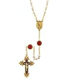 Red Hand Enameled Simulated Pearl Gold Tone Rosary