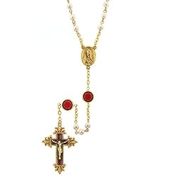 The Vatican Library Collection Red Hand Enameled Simulated Pearl Gold-Tone Tone Rosary