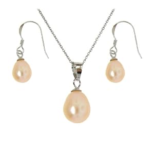 Sterling Silver Pink Fresh Water Pearl Necklace & Earrings Set [Jewelry]