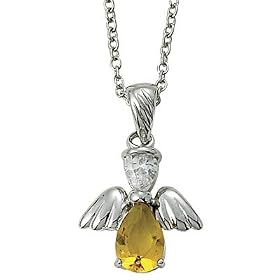 Sterling Silver 5/8" Topaz November Birthstone Angel Wing Necklace on 18" Chain