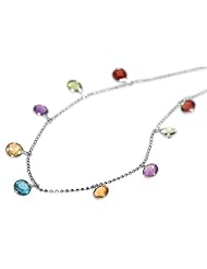 14K White Gold Beaded Diamond Cut 10" Anklet Bracelet, with multi-colored dangling semi-precious stones.