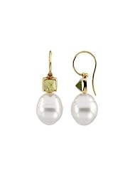 14K Yellow Gold 5 MM Square Shaped Peridot and Paspaley South Sea Cultured Pearl Earrings