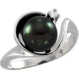 08.00 Mm 14K White Gold Black Cultured Pearl And Diamond Ring