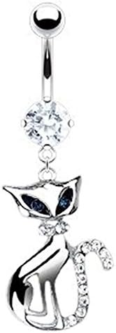 White 316L Prong Set Gem Navel with Blue CZ Eyes Cat Dangle