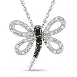 Gordon's Jewelers Enhanced Black and White Diamond Dragonfly Pendant in 10K White Gold - 17in 1/6 CT. T.W. fashion