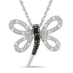 Gordon's Jewelers Enhanced Black and White Diamond Dragonfly Pendant in 10K White Gold - 17in 1/6 CT. T.W. fashion
