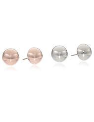 Stainless Steel with High Polished 18 Karat Rose Gold Plated Set of Two Half Balled Stud Earrings