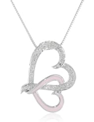 10k White Gold Pink Enamel with Diamonds Double Heart Pendant Necklace (1/10 Cttw I-J Color, I2-I3 Clarity), 18"