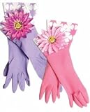 Pink or Purple Flower Marigolds Washing Up Rubber Gloves with FLower