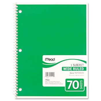 Spiral Bound Notebook, Wide/Margin Rule, 8x10-1/2, White,1 Subject 70 Sheets/Pad Spiral Bound Notebook, Wide/Margin Rule, 8x10-1/2, White,1 Subject 70 Sheets/Pad