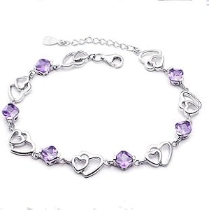 Rhodiniert 925 Sterling Silber Amethyst Armband doppelten Herzen lieben schöne