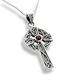 Sterling Silver Celtic Knot Sun Cross Pendant with Garnet and 18 Necklace