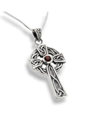 Sterling Silver Celtic Knot Sun Cross Pendant with Garnet and 18" Necklace