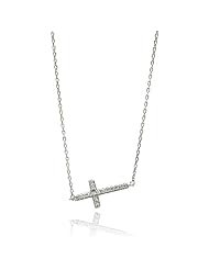 .925 Sterling Silver Cubic Zirconia Sideways Cross Charm Necklace with 16"-18" Adjustable Chain