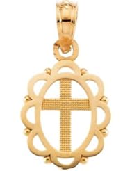 14K Gold Childrens Disc With Cross Pendant With 15" Chain
