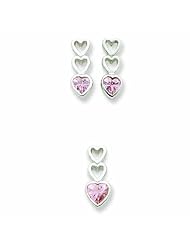 Sterling Silver Pink CZ Heart Earrings and Pendant Set