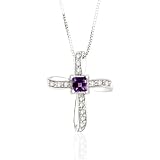 10K White Gold 1/10 ct. Diamond and 3/8 ct. Square Shaped Amethyst Cross Pendant with Chain