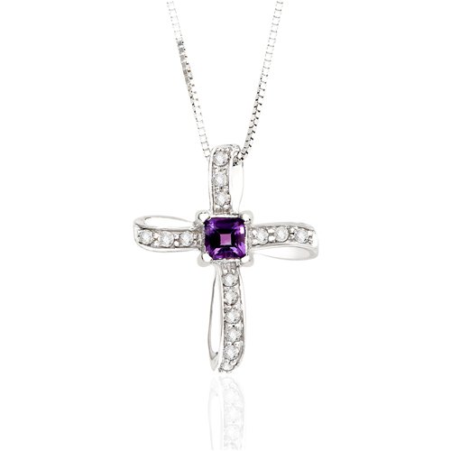10K White Gold 1/10 ct. Diamond and 3/8 ct. Square Shaped Amethyst Cross Pendant with Chain